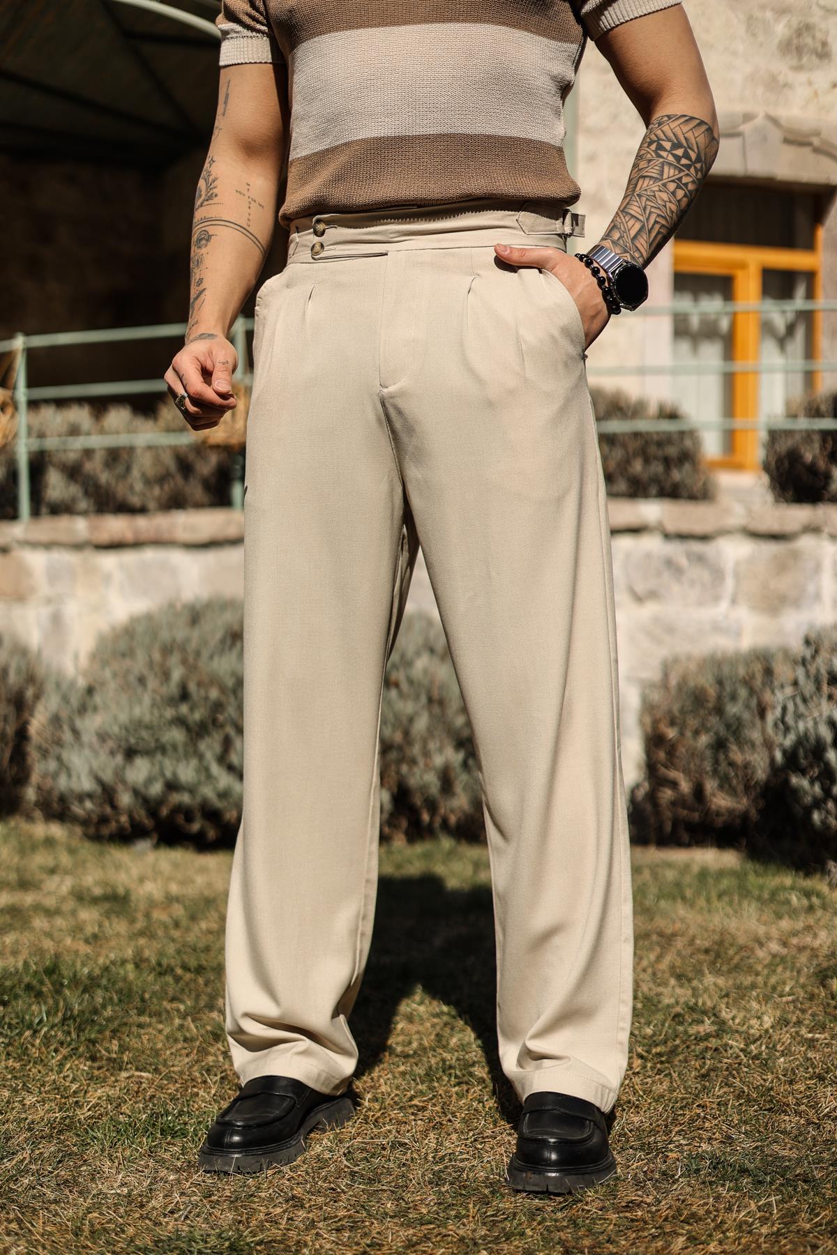 Yüksek Bel Klasik Baggy Pantolon Bej