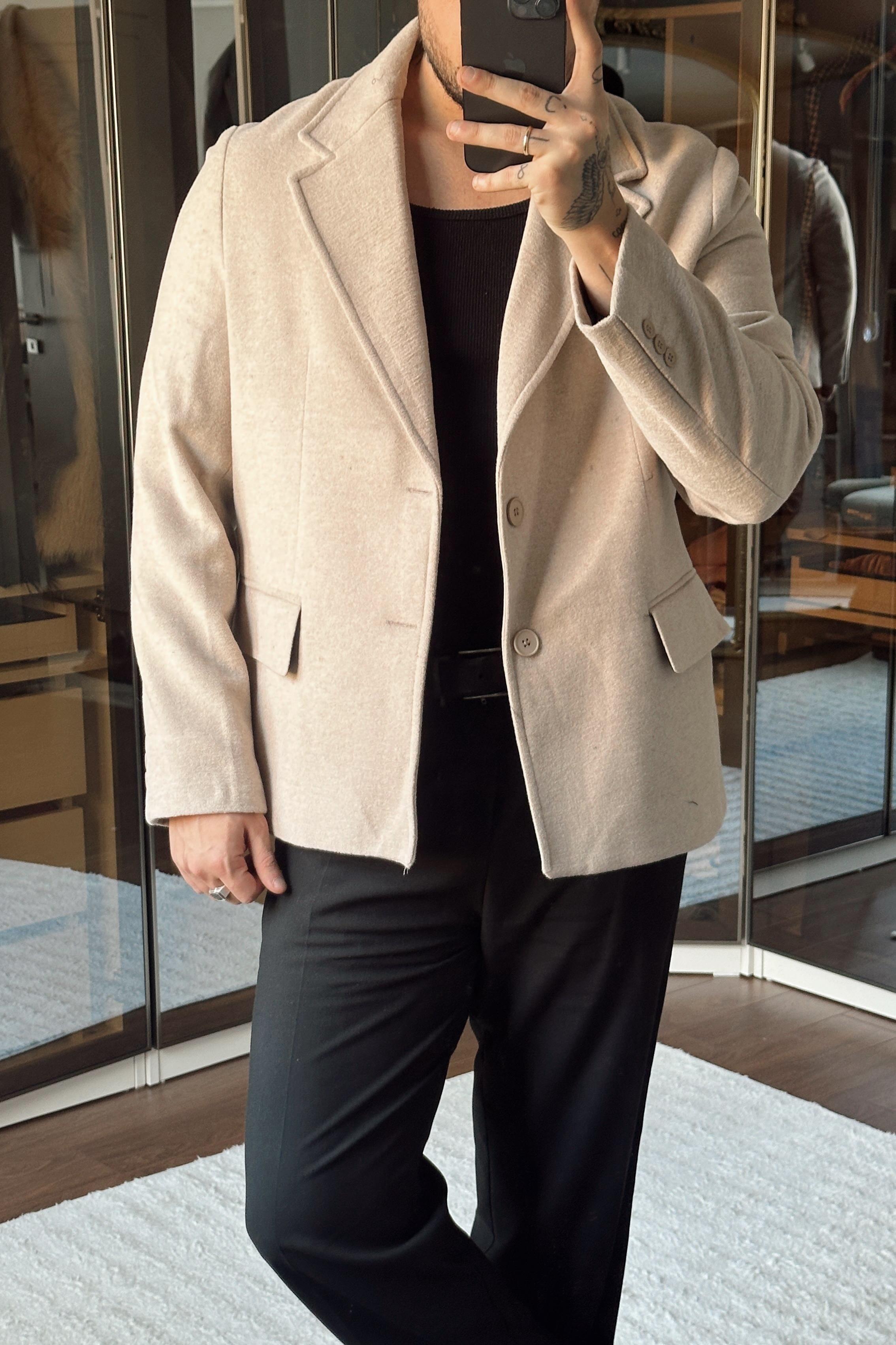 Yün Karışımı Slimfit Basic Ceket Krem