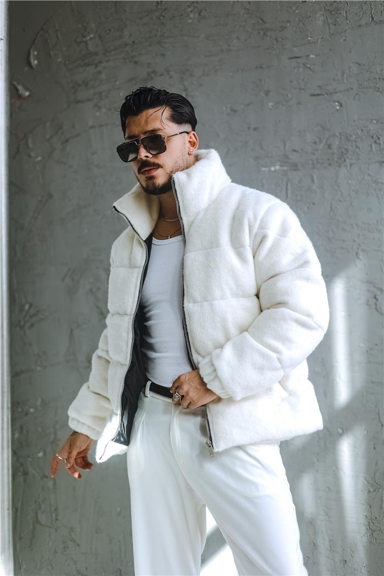 Yün Oversize Şişme Mont Beyaz