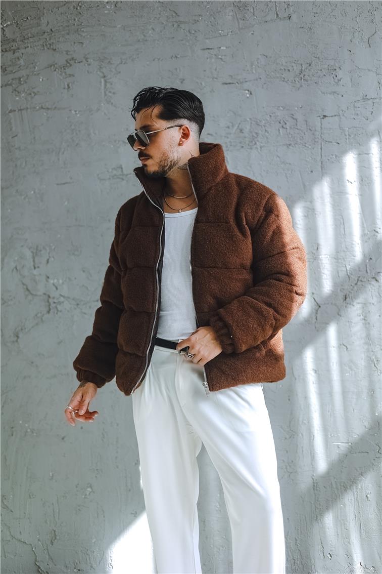 Yün Oversize Şişme Mont Kahve
