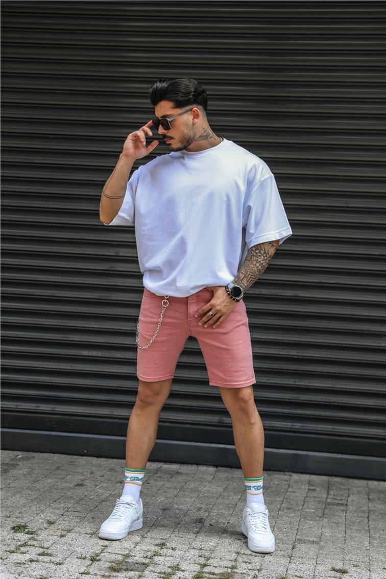 Zincir Detaylı Jean Şort Pudra