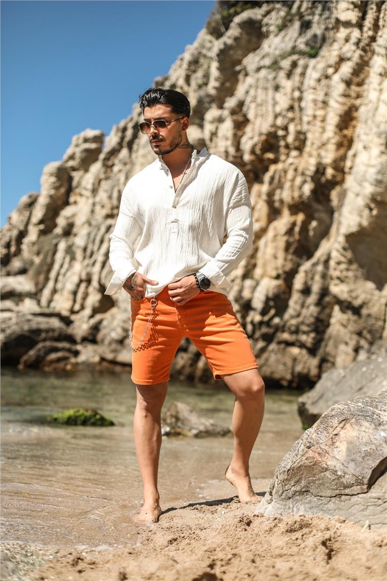 Zincir Detaylı Jean Şort Turuncu