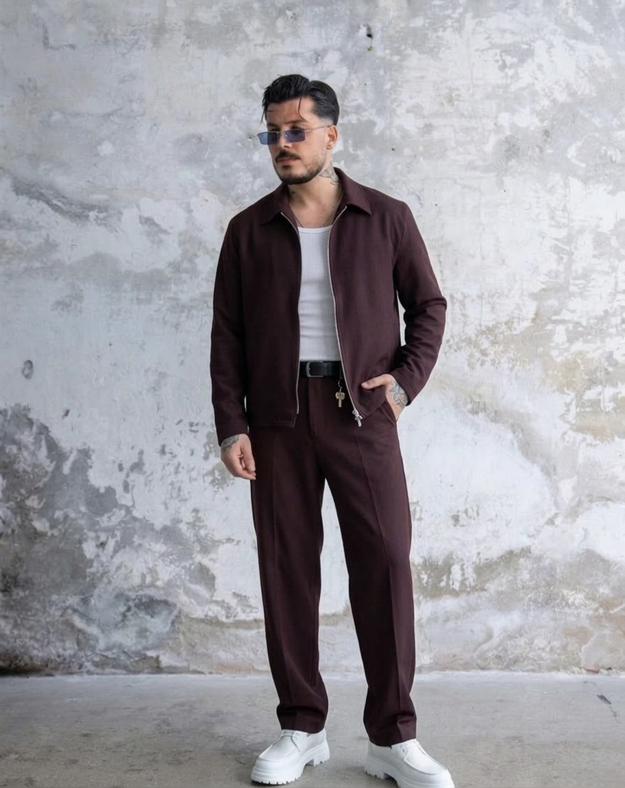 ZR Design Fermuarlı Rahat Kesim Takım Mürdüm