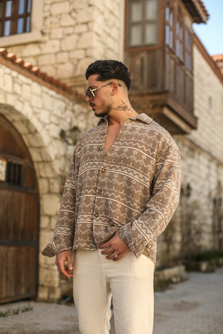 Desenli Keten  Oversize Gömlek