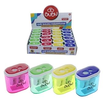 Bu-Bu Şeffaf Dikdörtgen Kalemtraş Çift Delikli Kilitli Pastel Renkler (4 Renk)