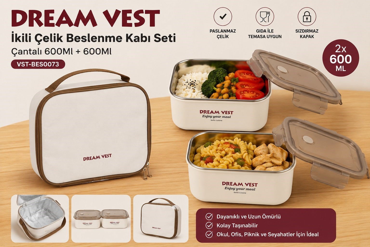 Dream Vest İkili Çelik Beslenme Kabı Seti Çantalı 600Ml+600Ml VST-BES0073Mataralar