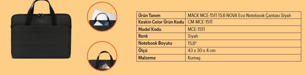 Keskin Mack Mce-1511 15.6 Nova Eco Notebook Çantası SiyahBilgisayar Çantaları