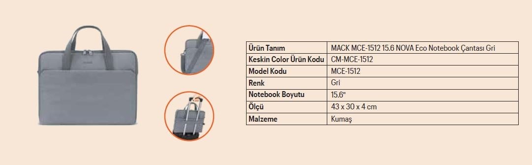Keskin Mack Mce-1512 15.6 Nova Eco Notebook Çantası GriBilgisayar Çantaları