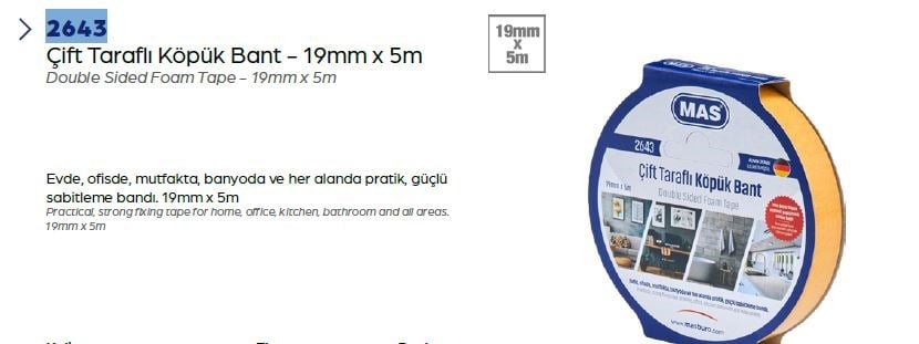 Mas Çift Taraflı Köpük Bant - 19X5 M 2643Çift Taraflı Bantlar