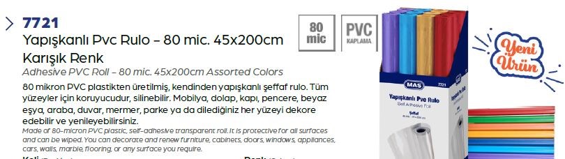 Mas Yapışkanlı Pvc Rulo - 80 Mic - 45 x 200 Cm - Karışık Renk 7721