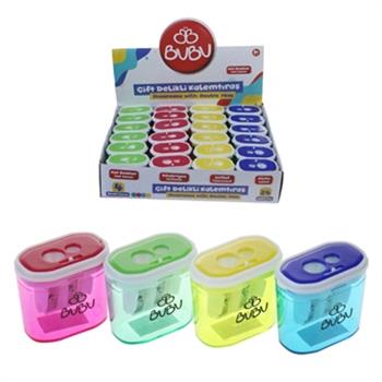 Bu-Bu Şeffaf Dikdörtgen Kalemtraş Çift Delikli Kilitli Pastel Renkler (4 Renk)