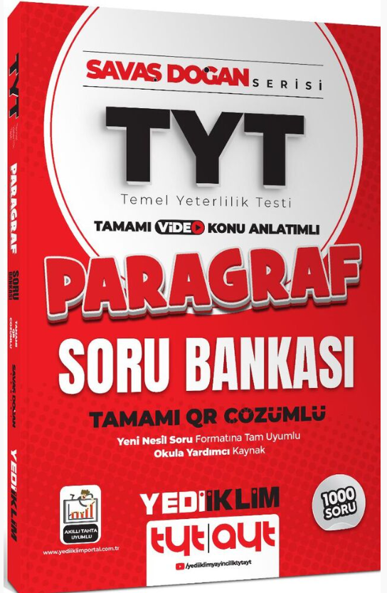 2025 TYT Savaş Doğan Serisi Tamamı Video Konu Anlatımlı ve QR Çözümlü Paragraf Soru Bankası - Yediiklim Yayınları8.Sınıf