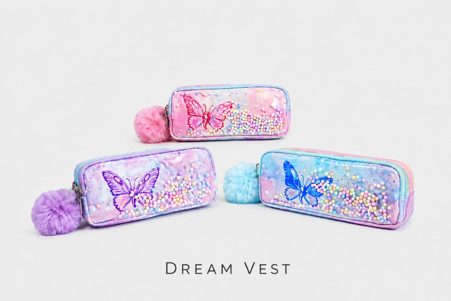 Dream Vest Kelebekli Straforlu Çift Gözlü Kalem Çantası 3 Renk (A3756) Diğer Kırtasiye Ürünleri
