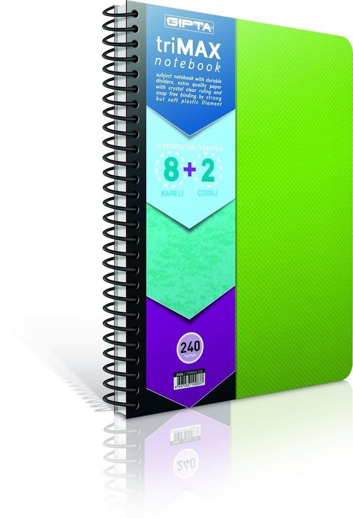 Gıpta Trimax Spiralli Defter Sep.Pp Kapak 8+2 A4-240 YaprakGıpta Trimax Spiralli Defter Sep.Pp Kapak 8+2 A4-240 Yaprak - Kirtasiyem.netSeperatörlü ( Ayraçlı ) Defterler