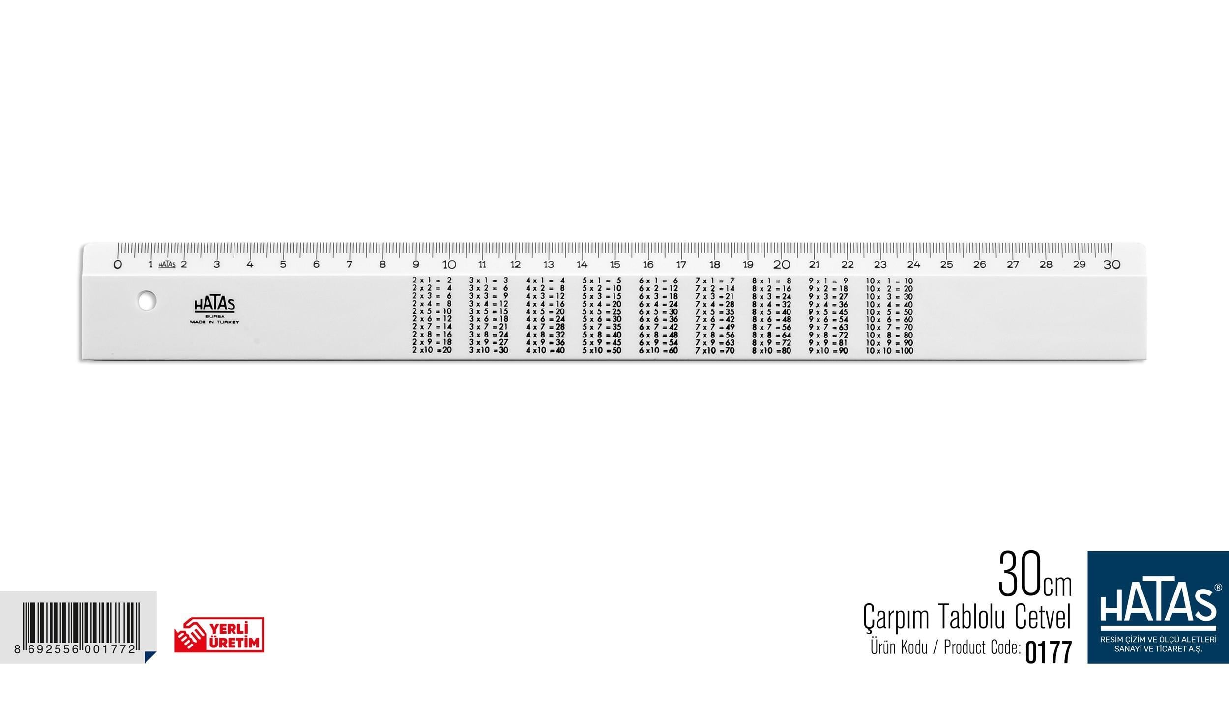Hatas Çarpım Tablolu Cetvel 30 Cm No:0177Hatas Çarpım Tablolu Cetvel 30 Cm No:0177 - Kirtasiyem.netCetveller