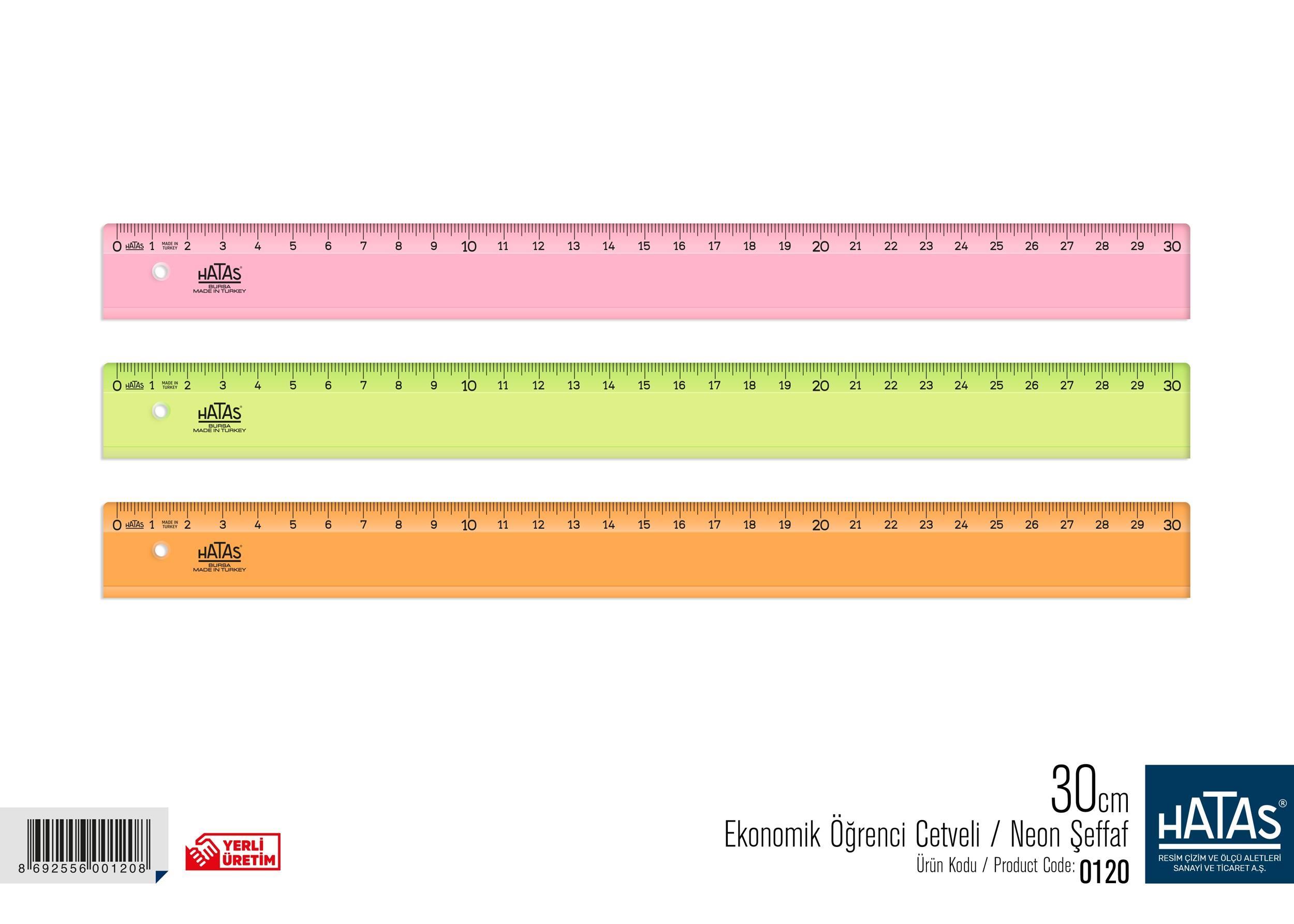 Hatas Ekonomik Öğrenci Cetveli (Neon-Şeffaf) 30 Cm. No:0120Hatas Ekonomik Öğrenci Cetveli (Neon-Şeffaf) 30 Cm. No:0120 - Kirtasiyem.netCetveller