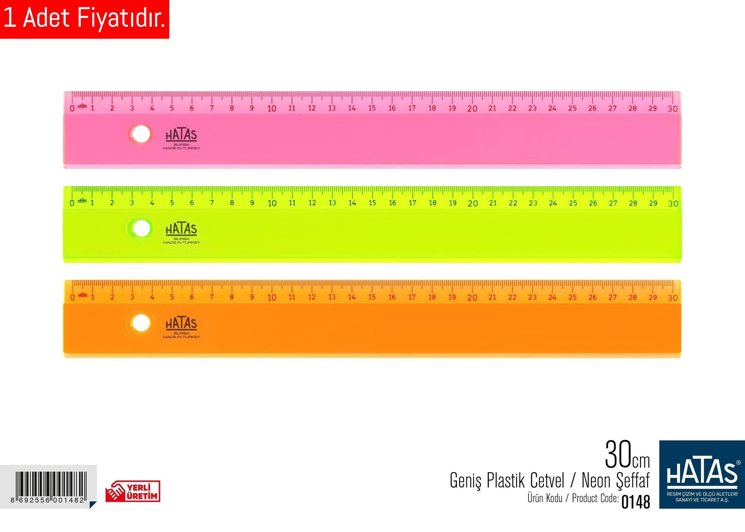 Hatas Geniş Plastik Cetvel (Neon-Şeffaf) 30 Cm. No:0148 (1 Adet)Hatas Geniş Plastik Cetvel (Neon-Şeffaf) 30 Cm. No:0148 - Kirtasiyem.netCetveller