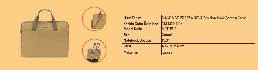 Keskin Mack Mce-1513 15.6 Nova Eco Notebook Çantası CamelBilgisayar Çantaları
