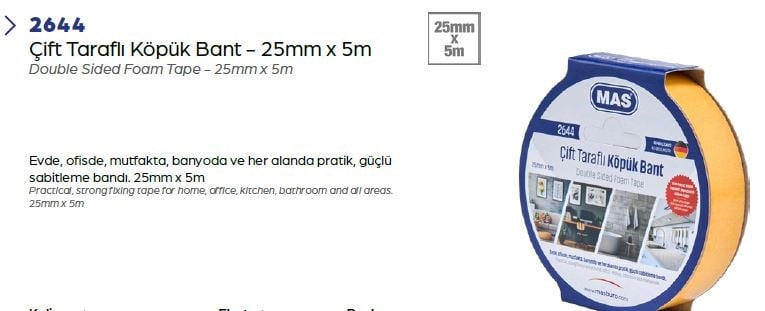 Mas Çift Taraflı Köpük Bant - 25X5 M 2644Mas Çift Taraflı Köpük Bant - 25X5 m 2644 - Kirtasiyem.netÇift Taraflı Bantlar