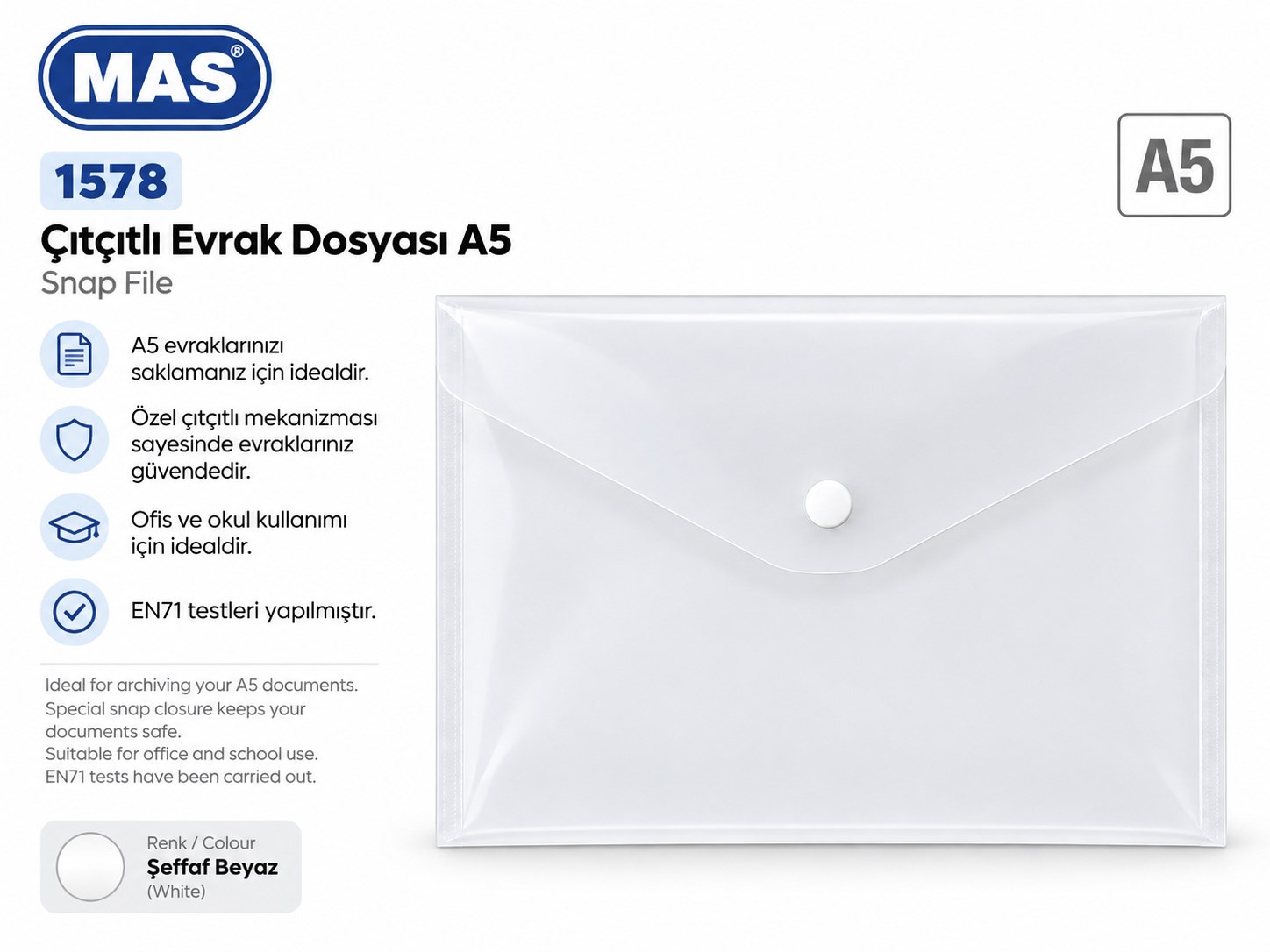 Mas Evrak Dosyası - Çıtçıtlı  - A5  - Beyaz 1578Çıtçıtlı Dosyalar
