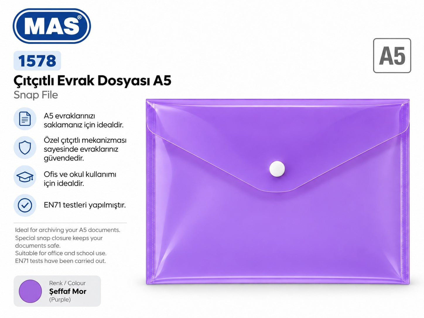 Mas Evrak Dosyası - Çıtçıtlı  - A5  - Mor 1578Çıtçıtlı Dosyalar