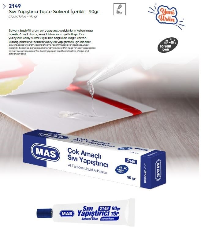 Mas Sıvı Yapıştırı Tüpte 90gr. Solventli İçerir 2149Sıvı Yapıştırıcılar