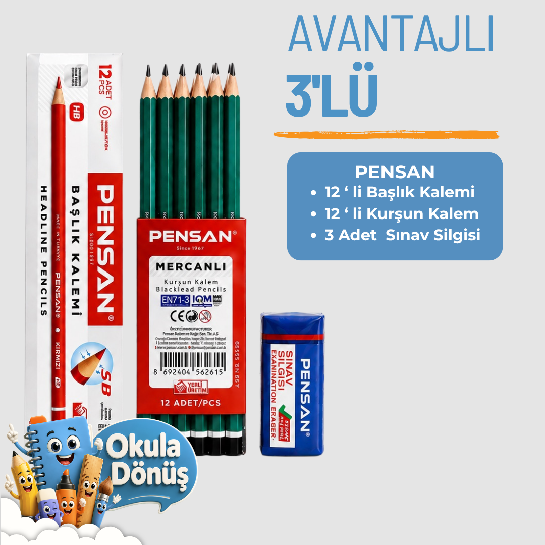 PENSAN OKUL SETİ( 12 Lİ KURŞUN KALEM +12 Lİ KOPYA KALEMİ +3 ADET SINAV SİLGİSİ)Diğer Kırtasiye Ürünleri