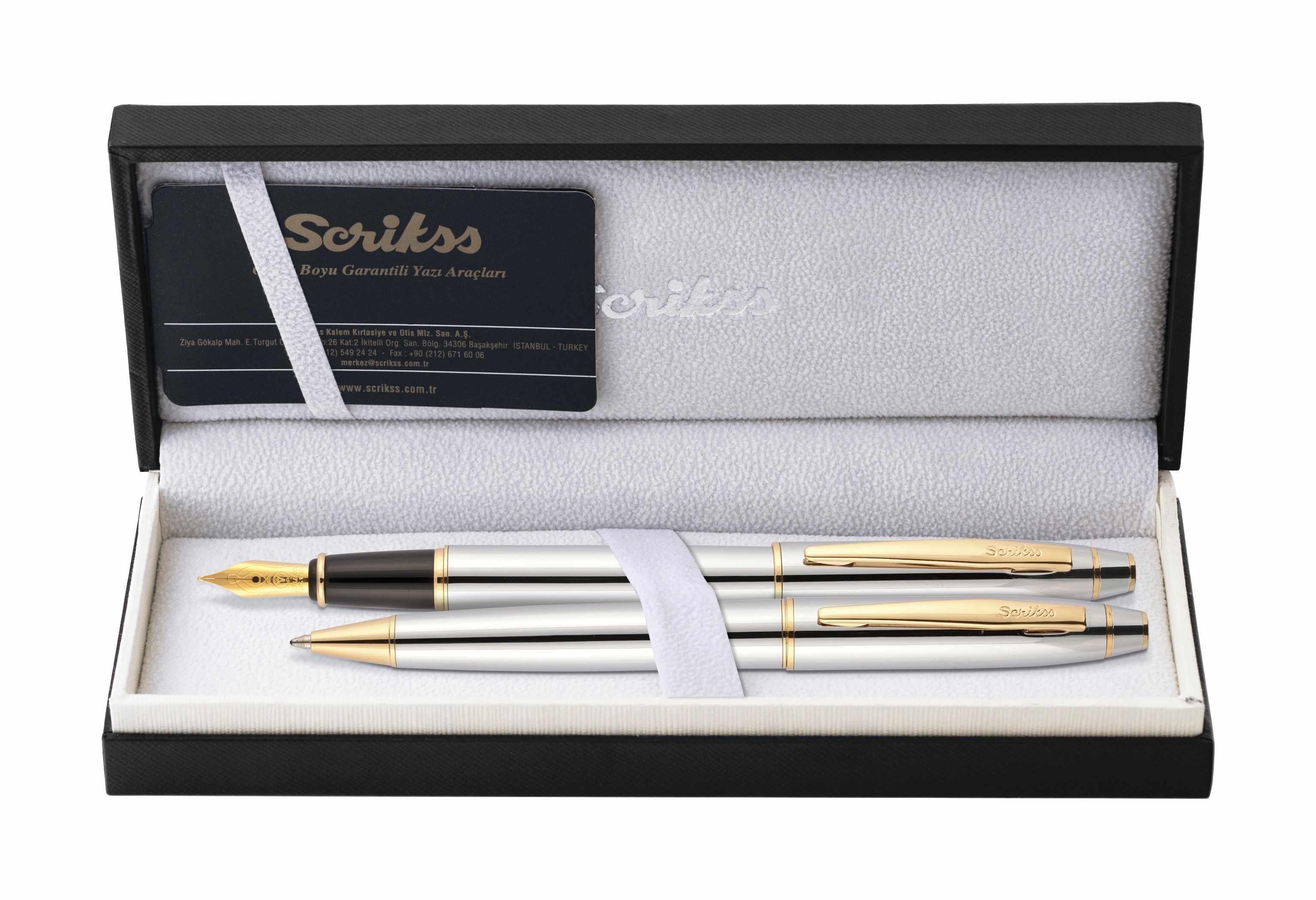 Scrikss Takım Kalem 35 Dolma Kalem & Tükenmez Kalem Gold Krom Lüks KutuluScrikss Takım Kalem 35 Dolma Kalem & Tükenmez Kalem Gold Krom Lüks Kutulu - Kirtasiyem.netKalem Setleri