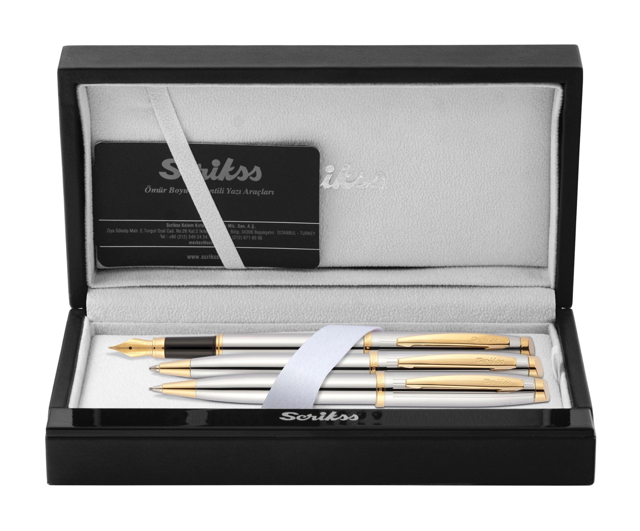 Scrikss Takım Kalem 39 Dolma Kalem. & Tükenmez Kalem & Versatil Kalem Gold Krom LüxScrikss Takım Kalem 39 Dolma Kalem. & Tükenmez Kalem & Versatil Kalem Gold Krom Lüx - Kirtasiyem.netKalem Setleri