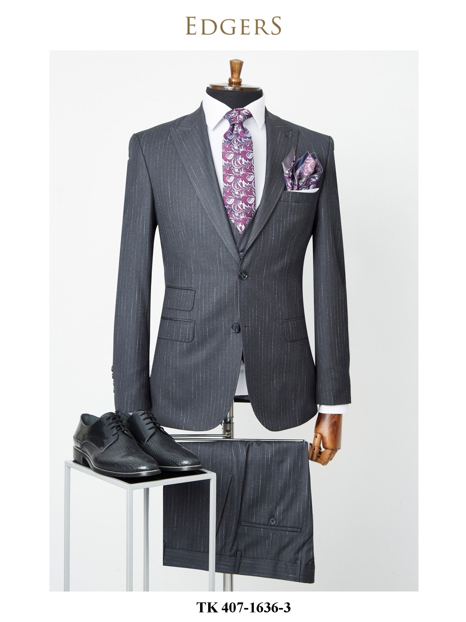 Edgers Çift Düğme Yelekli Grey Striped Slim Fit Takım Elbise TK 407-1636