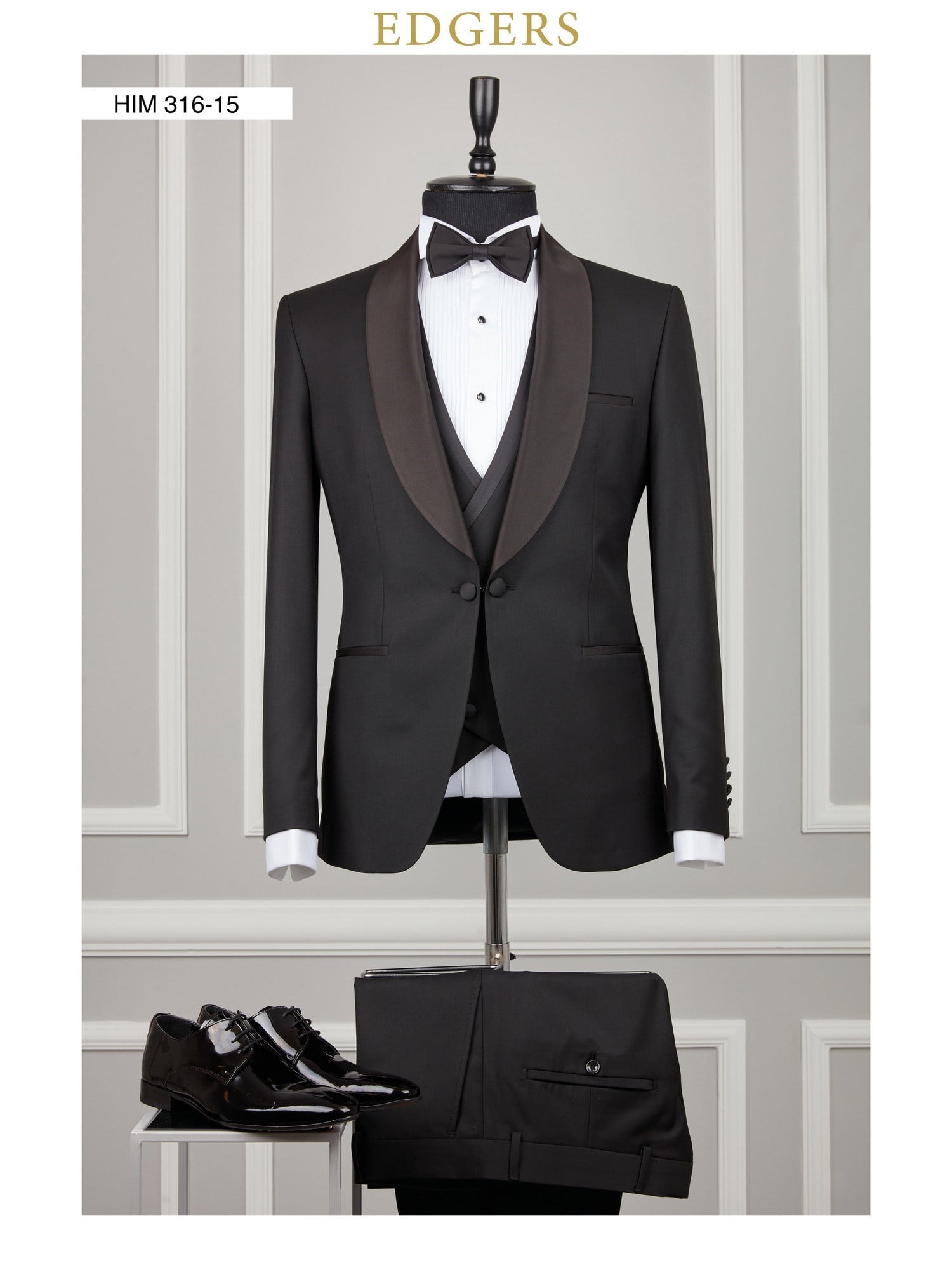 Edgers Tek Düğme Yelekli Black Burgundy Slim Fit Damatlık Takım HİM 316