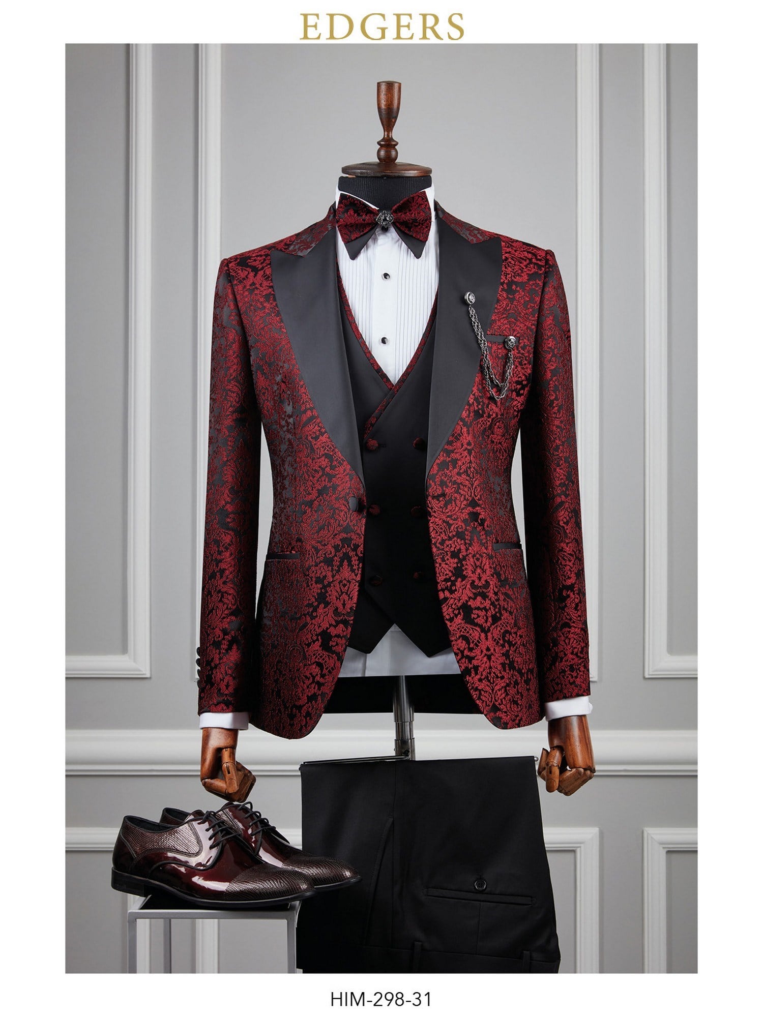 Edgers Tek Düğme Yelekli Black Burgundy Slim Fit Damatlık Takım HİM 298