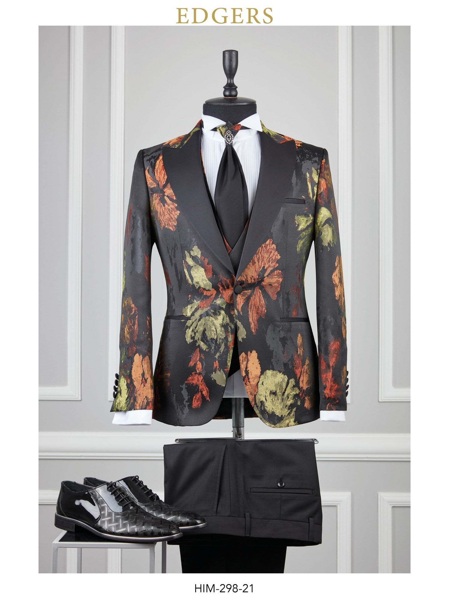 Edgers Tek Düğme Yelekli Black Floral Slim Fit Damatlık Takım HİM 298