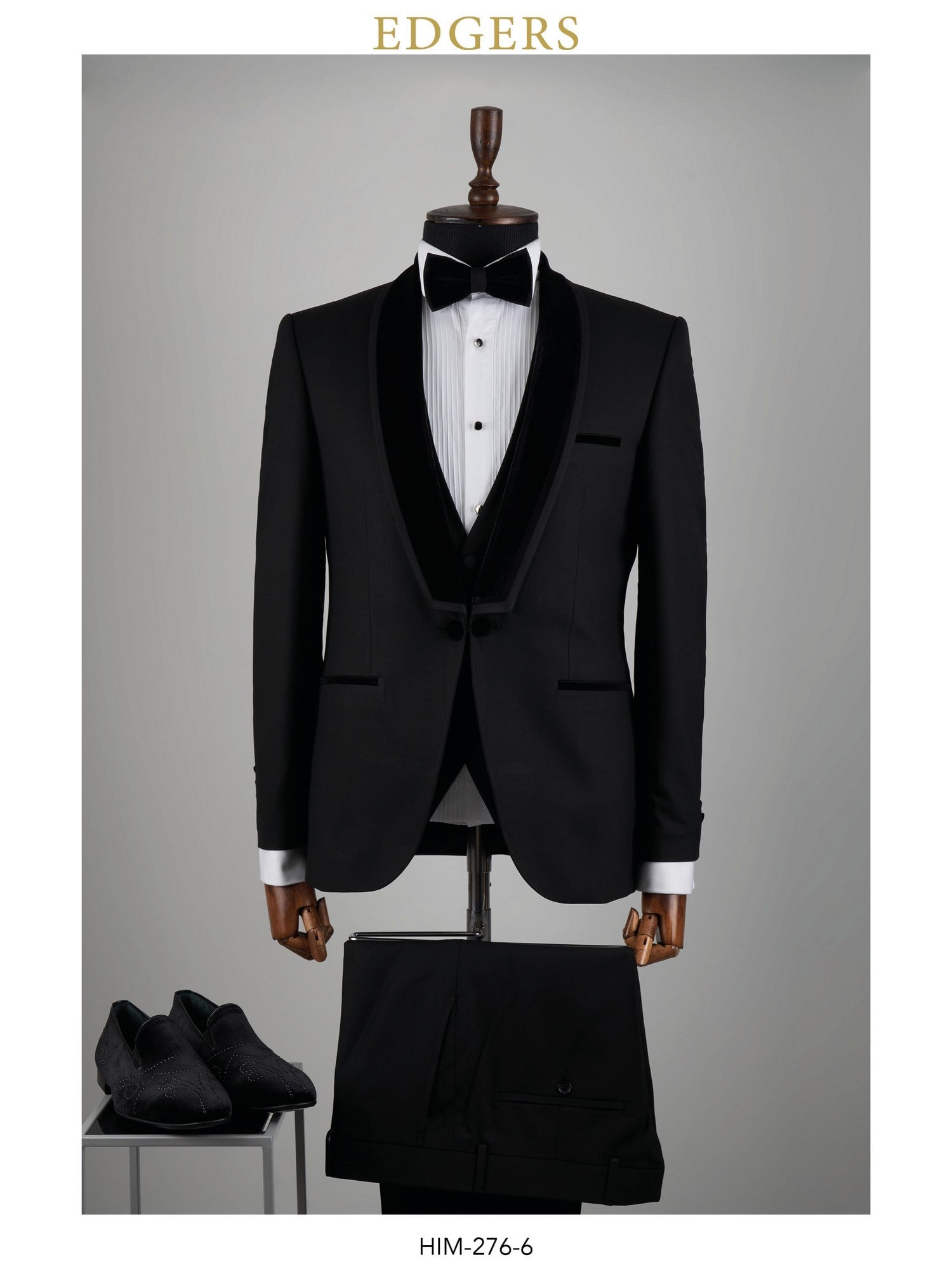 Edgers Tek Düğme Yelekli Black Satin Collar Slim Fit Damatlık Takım HİM 276