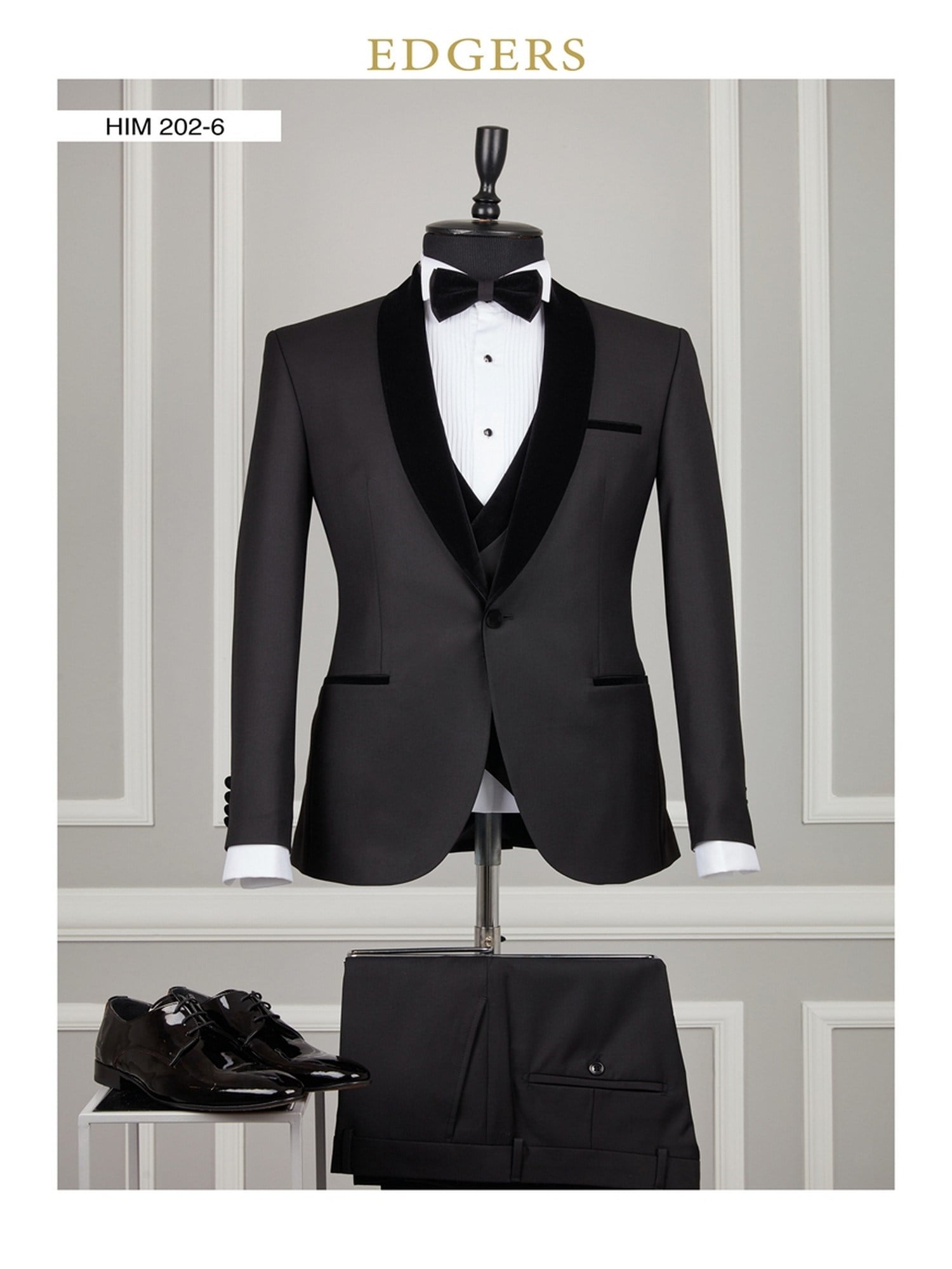 Edgers Tek Düğme Yelekli Black Satin Slim Fit Damatlık Takım HİM 202