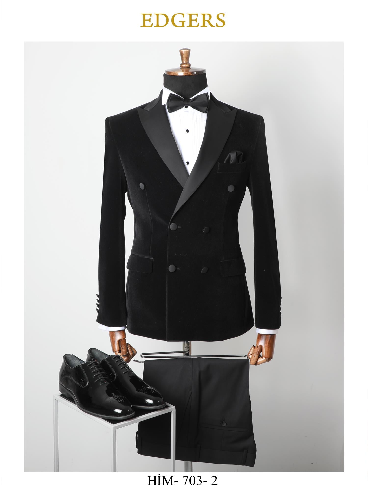 Edgers Tek Düğme Yelekli Black Satin Slim Fit Damatlık Takım HİM 703