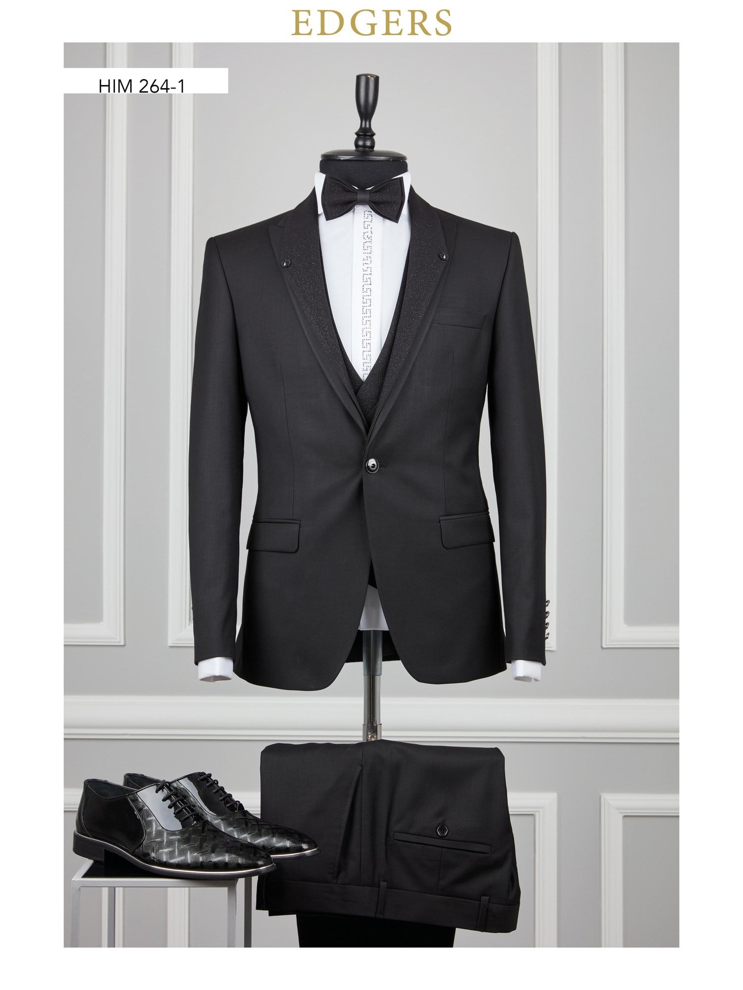 Edgers Tek Düğme Yelekli Black Silvery Collar Slim Fit Damatlık Takım HİM 264