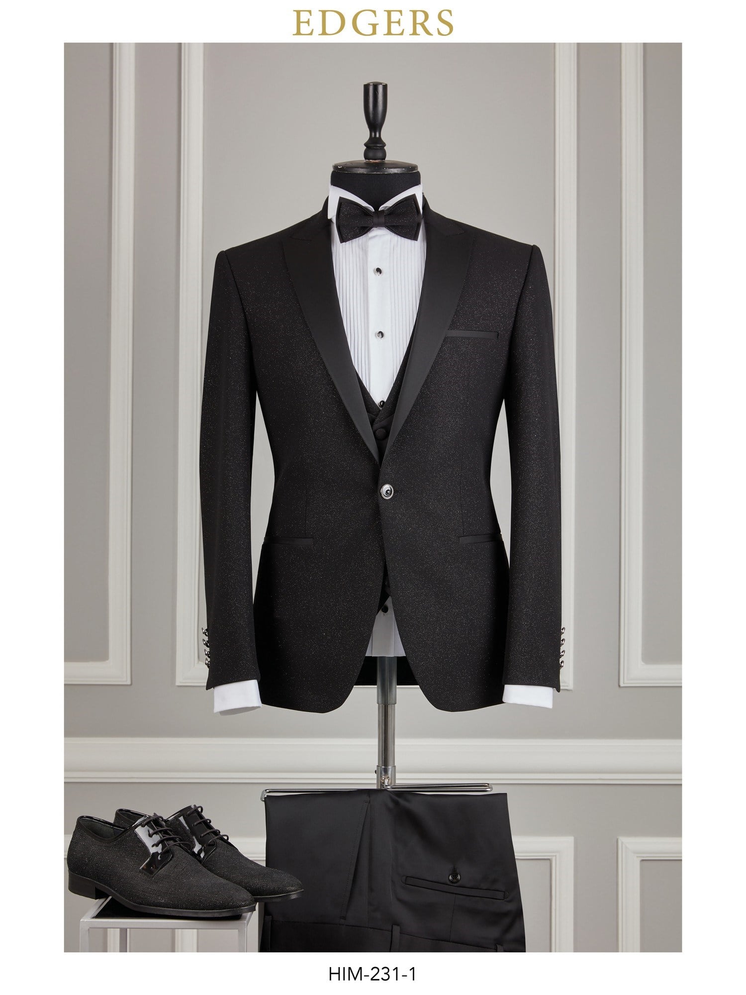 Edgers Tek Düğme Yelekli Black Silvery Slim Fit Damatlık Takım HİM 231