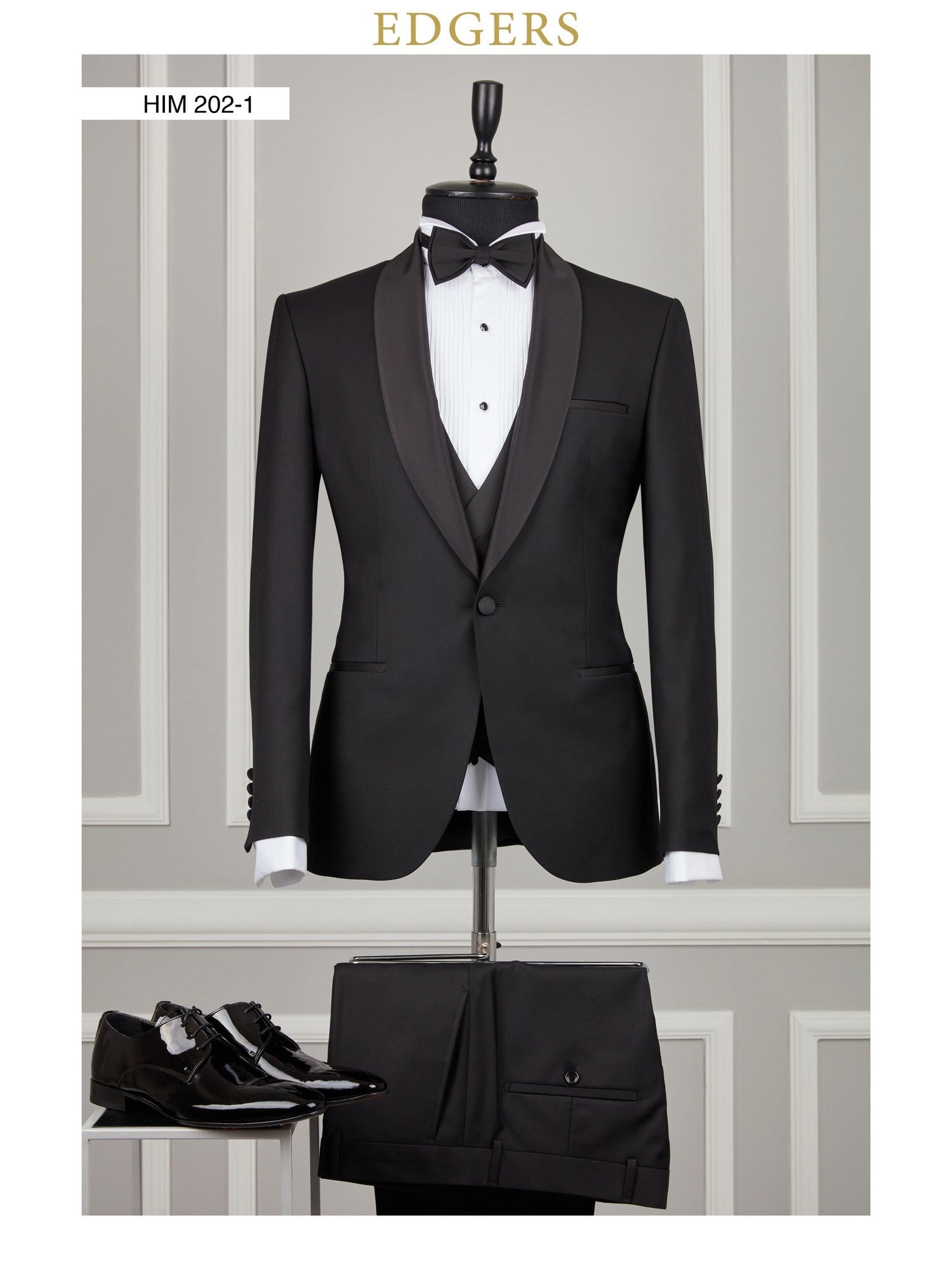 Edgers Tek Düğme Yelekli Black Slim Fit Damatlık Takım HİM 202