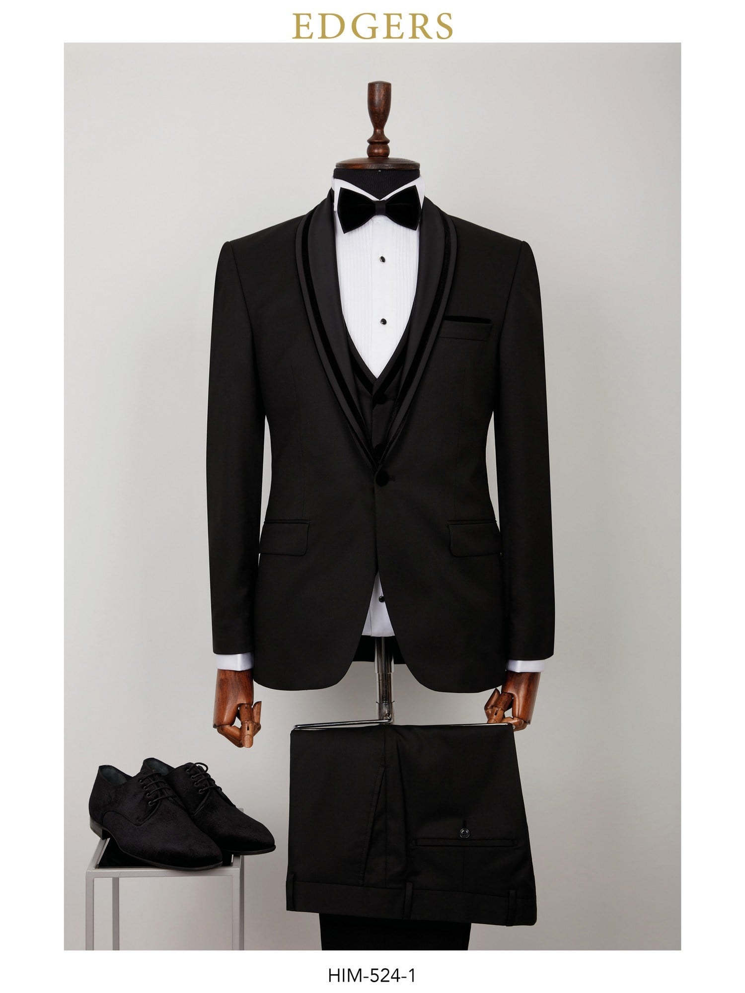 Edgers Tek Düğme Yelekli Black Slim Fit Damatlık Takım HİM 524