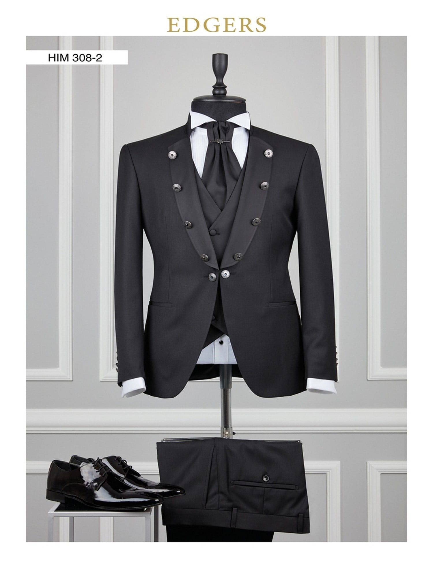 Edgers Tek Düğme Yelekli Black Slim Fit Damatlık Takım HİM 308