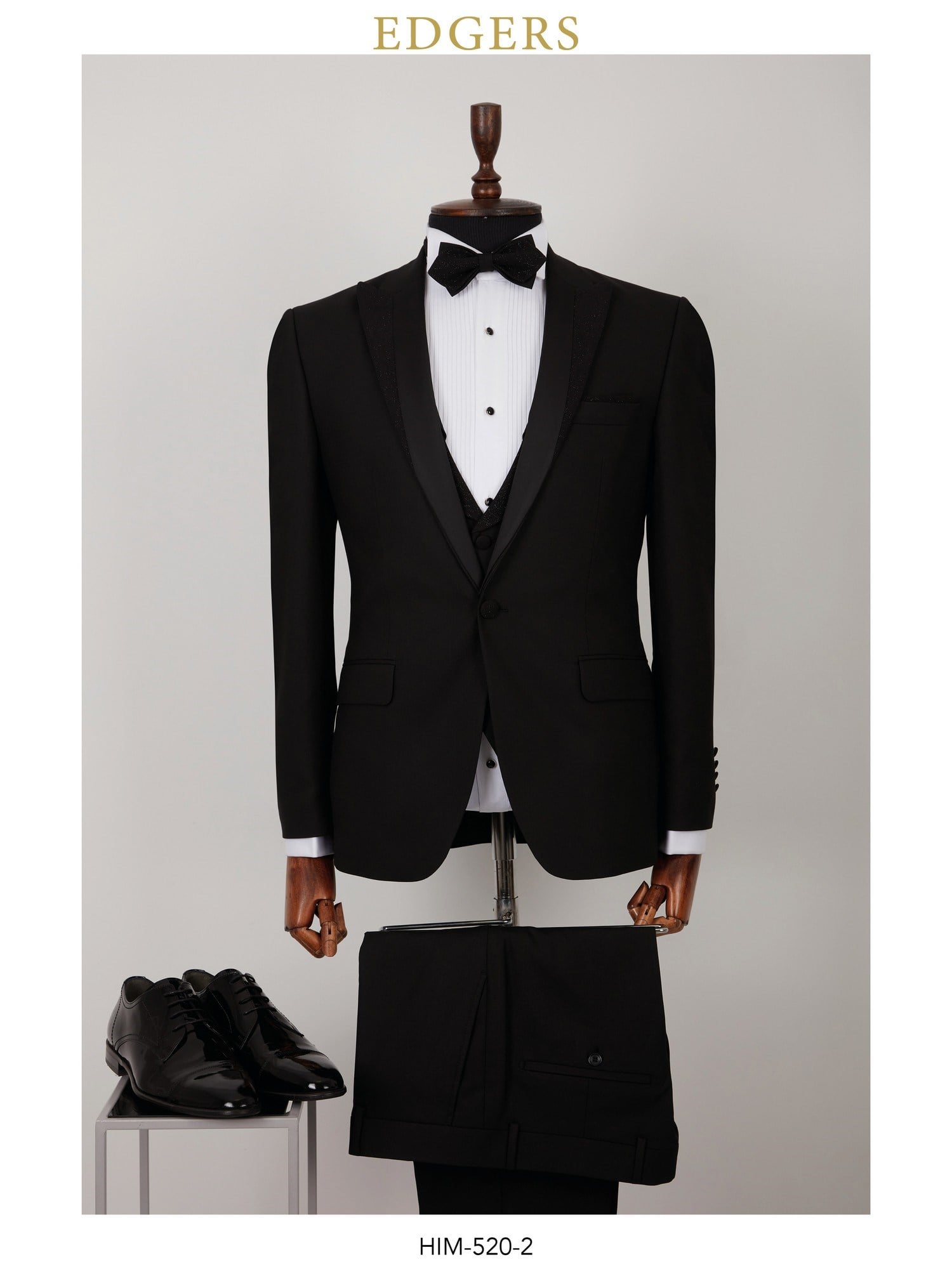 Edgers Tek Düğme Yelekli Black Slim Fit Damatlık Takım HİM 520