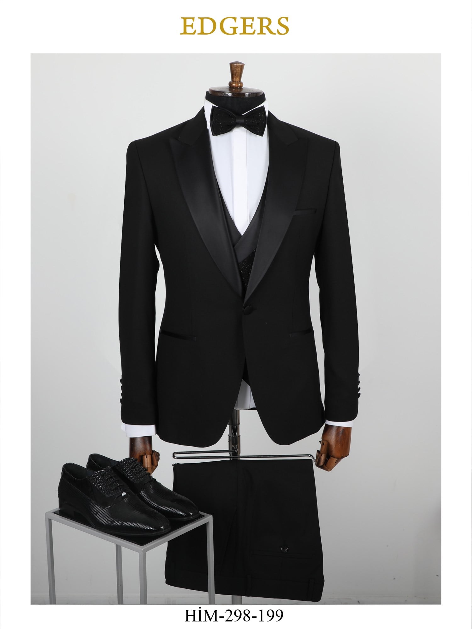 Edgers Tek Düğme Yelekli Black Slim Fit Damatlık Takım HİM 298