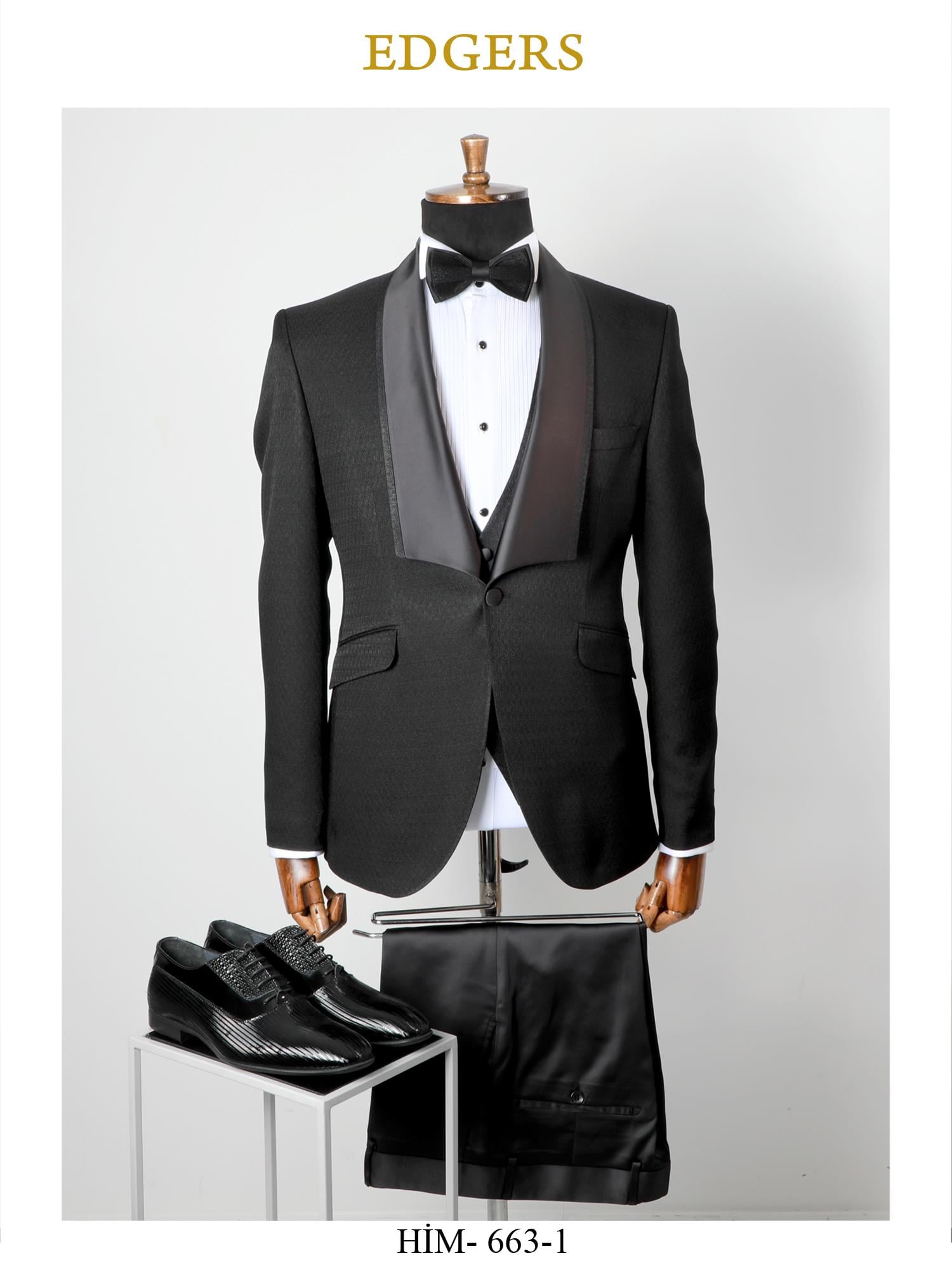 Edgers Tek Düğme Yelekli Black Slim Fit Damatlık Takım HİM 663