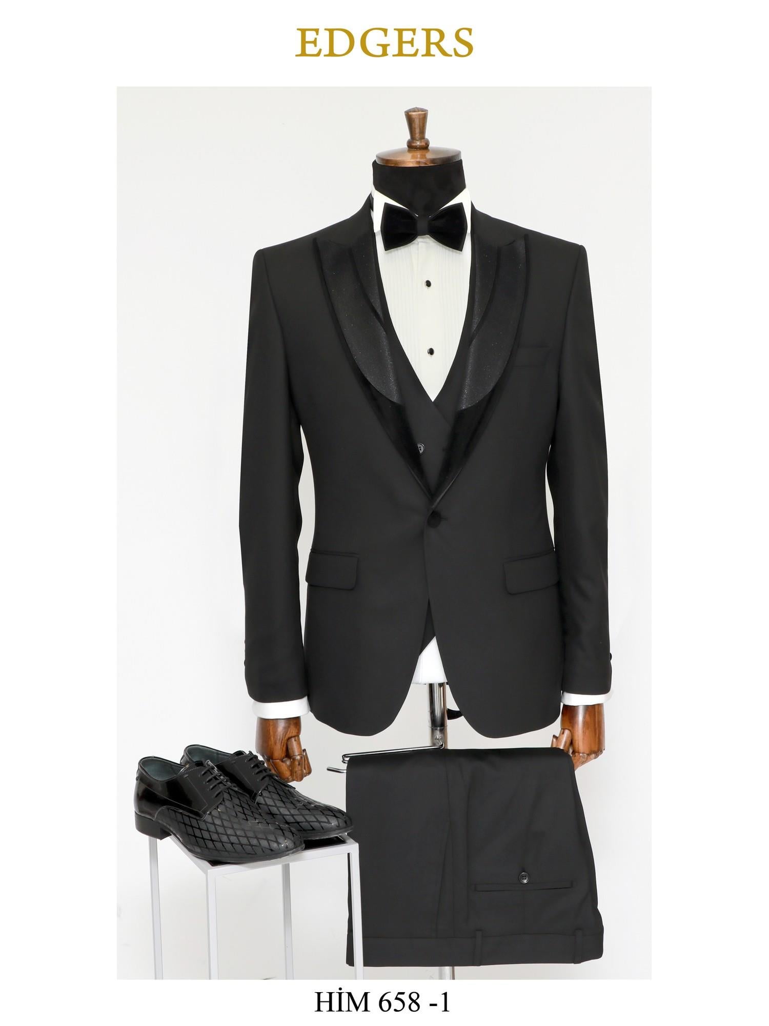 Edgers Tek Düğme Yelekli Black Slim Fit Damatlık Takım HİM 658