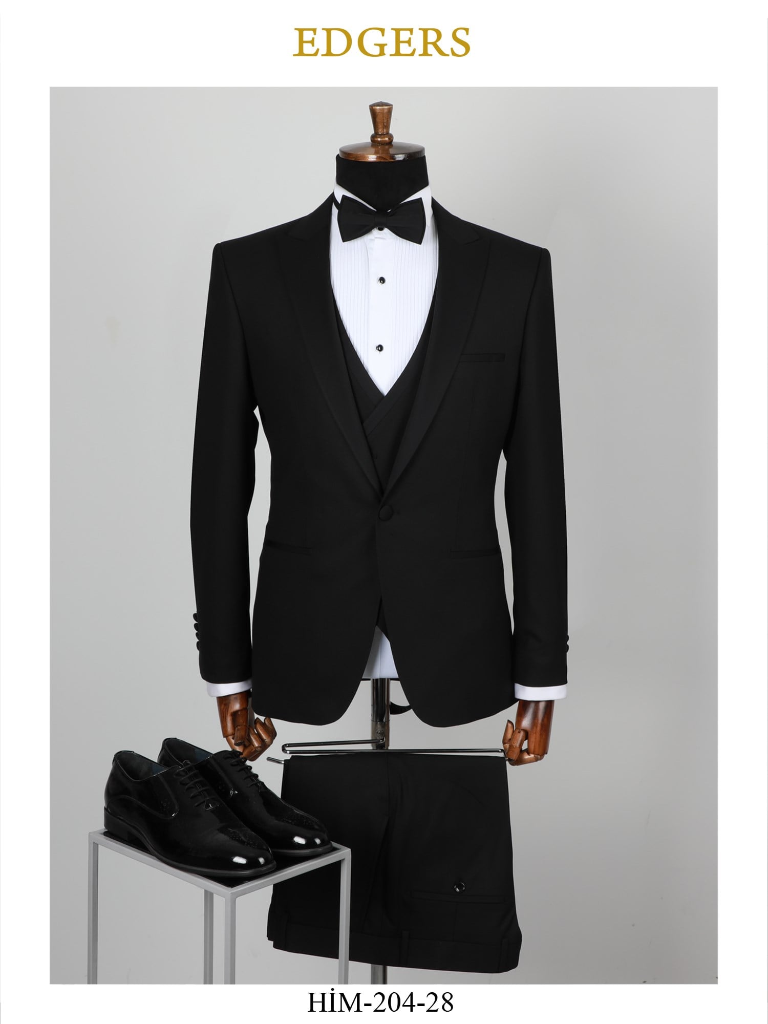 Edgers Tek Düğme Yelekli Black Slim Fit Damatlık Takım HİM 204
