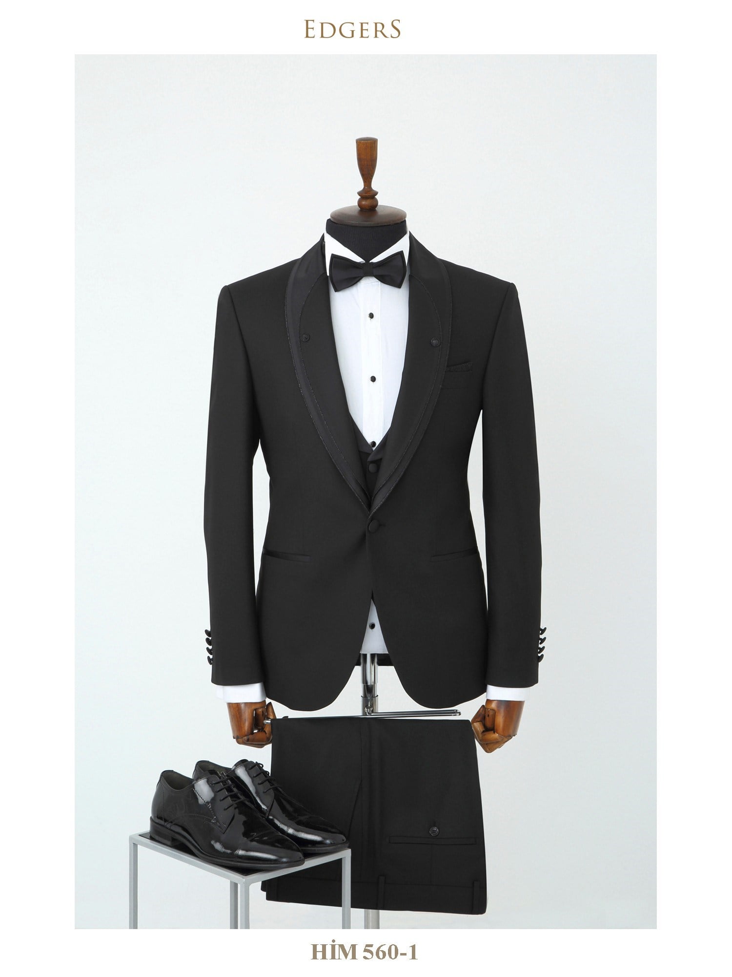 Edgers Tek Düğme Yelekli Black Slim Fit Damatlık Takım HİM 560