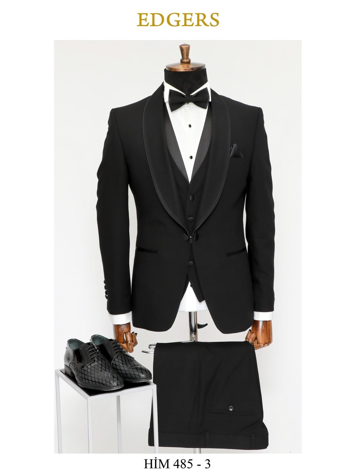 Edgers Tek Düğme Yelekli Black Slim Fit Damatlık Takım HİM 485