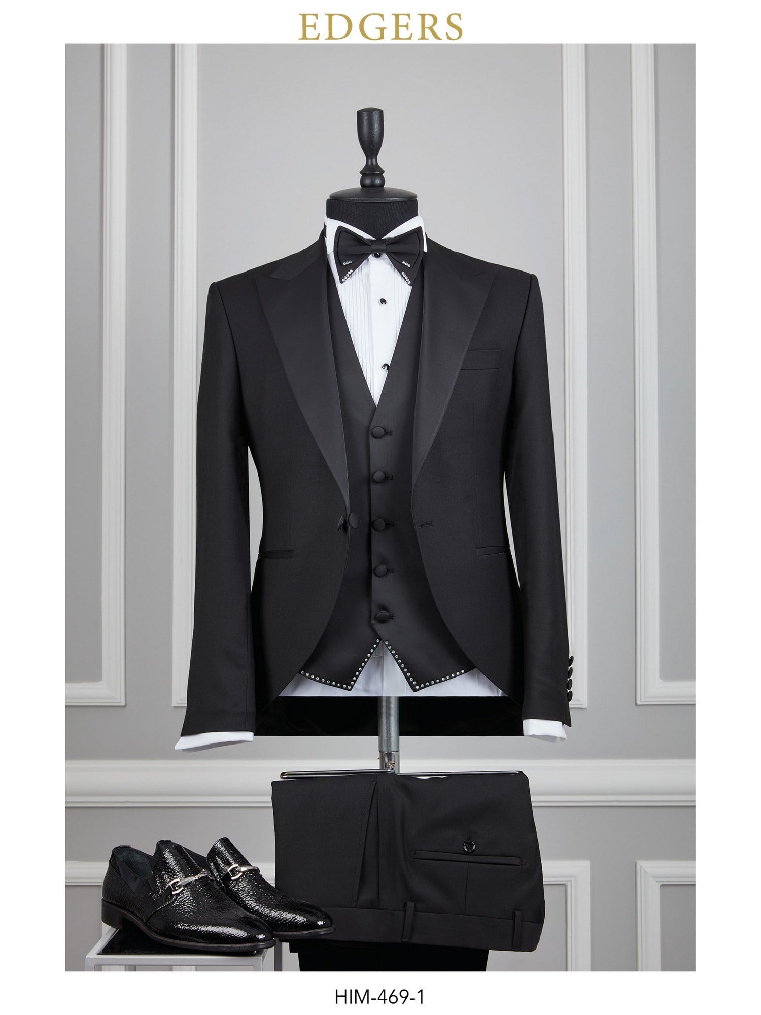 Edgers Tek Düğme Yelekli Black Slim Fit Damatlık Takım HİM 469