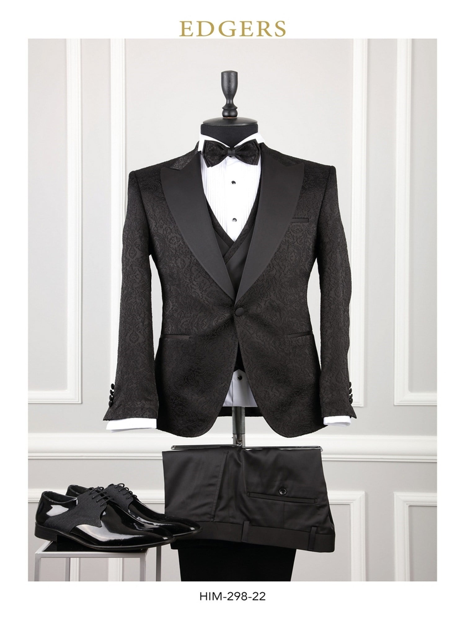Edgers Tek Düğme Yelekli Black Slim Fit Damatlık Takım HİM 298